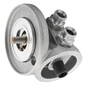 The Mocal Spin-On Oil Filter Conversion Kit c/w Oil Cooler Fittings for TR5-6 features threaded ports and oil cooler fittings for connecting oil lines, shown on a white background.