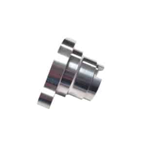 A Racetorations Aluminium Distributor Blank for Electronic Injection Engines, featuring cylindrical sections and a combination of shiny and matte finishes, designed for PI Cars - TR5-6, isolated against a white background.