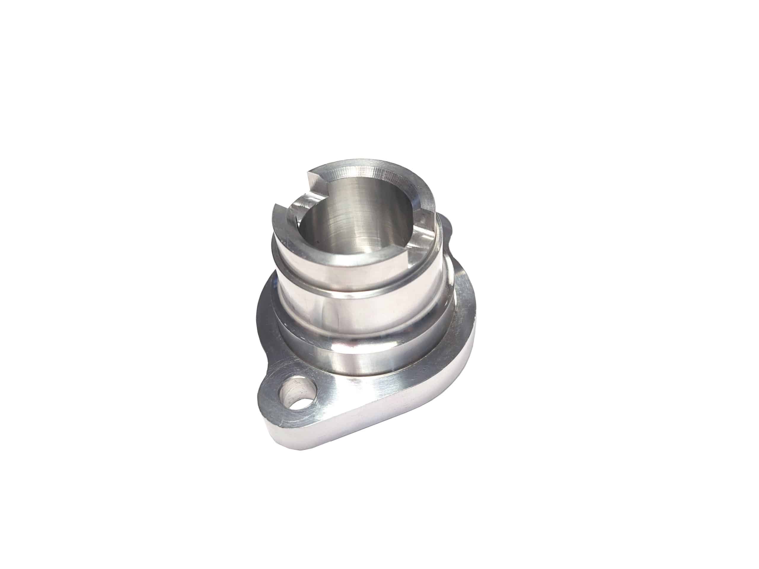 A Racetorations Aluminium Distributor Blank for Electronic Injection Engines, PI Cars - TR5-6 isolated on a white background, featuring a polished silver surface with multiple ridges and flanges, compatible with Racetorations Aluminium Distributor systems.