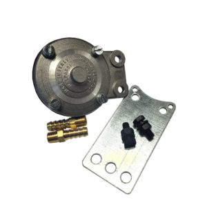 A Fuel Pressure Regulator with a metal body accompanied by a bracket, screws, and two black plastic fittings, isolated on a white background.