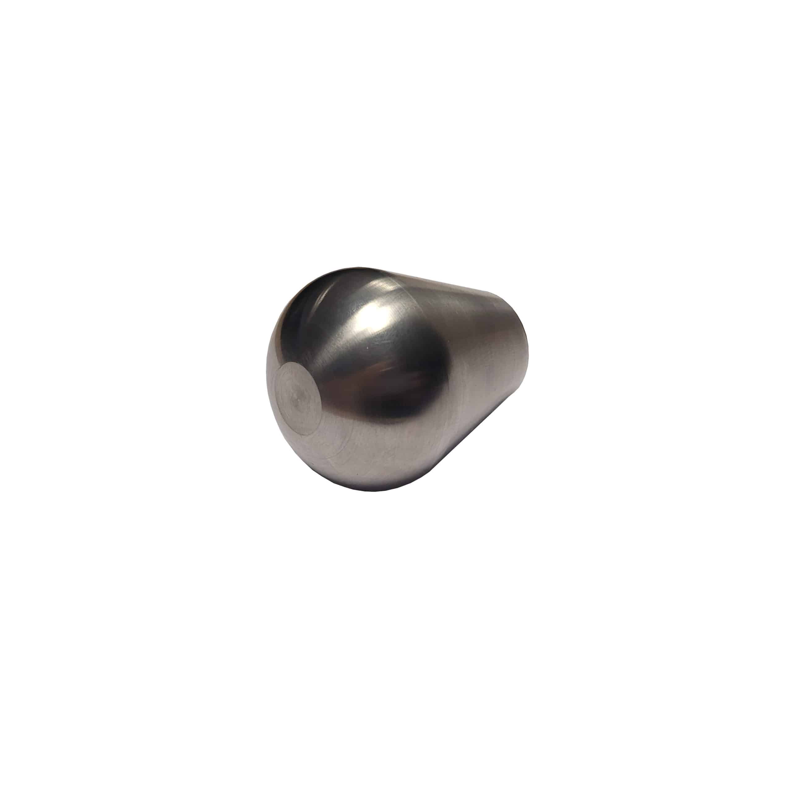 The Racetorations Aluminium Gear Knob - TR2-6 features a shiny, metallic, cone-shaped design with a rounded tip, shown against a white background.