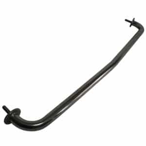 A metal gooseneck tube with built-in connectors protruding from both ends, isolated on a white background.