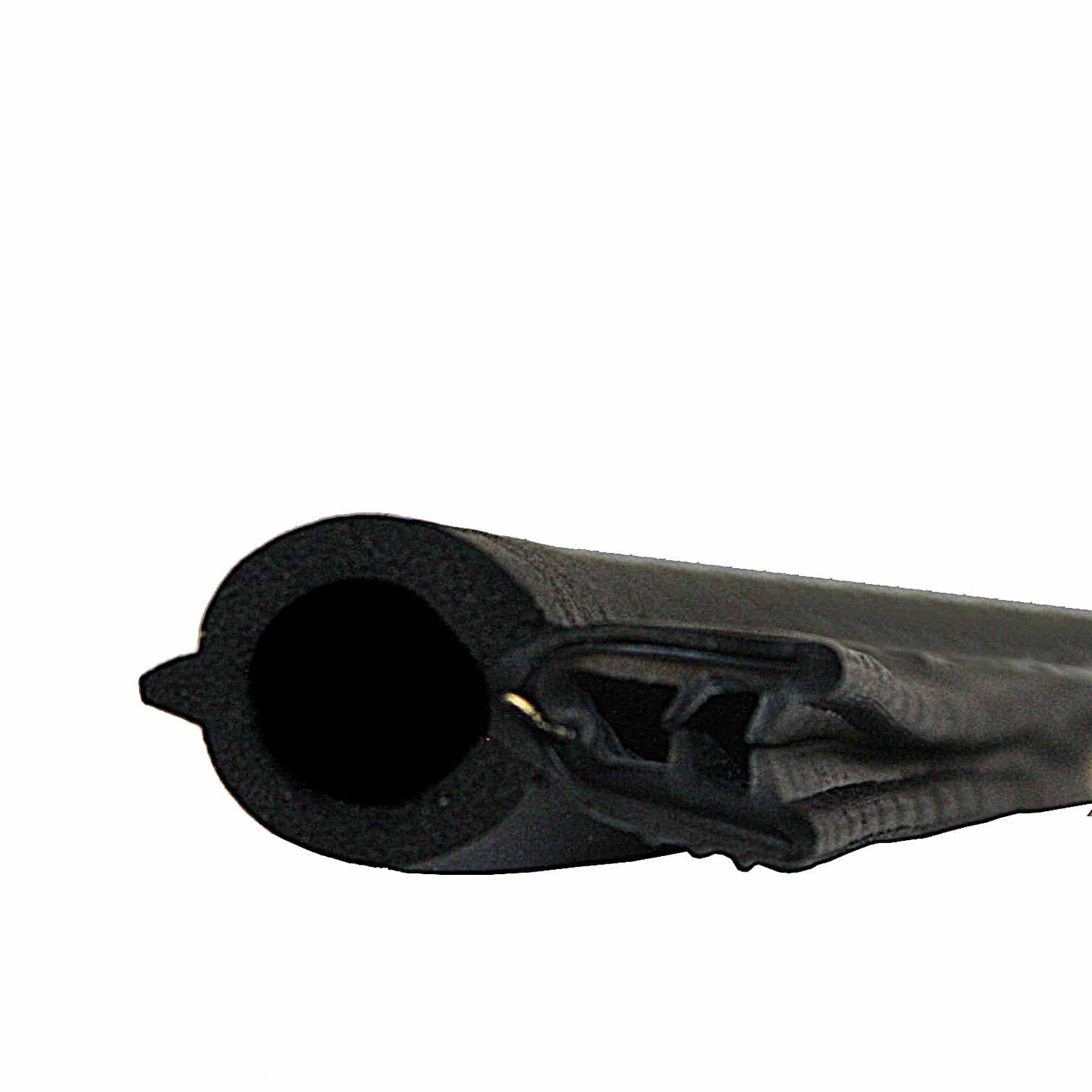 Close-up of the Racetorations Uprated Boot Lid Seal for TR6—a black foam rubber tube with a slit, partially covered by textured material, suitable for use as insulation or protective padding on pipes or edges.
