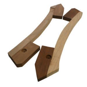 Two Racetorations Wooden Door Blocks, Pair - TR2-3A in a v-like arrangement, each consisting of light and dark brown hardwoods, with visible holes for blade adjustment.
