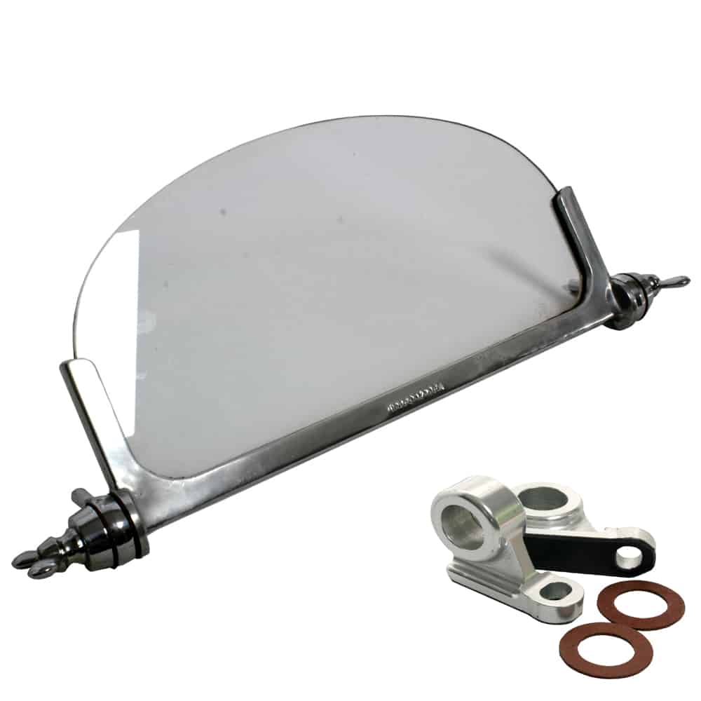 The Brooklands’ Type Aeroscreen & Fitting Kit for TR2-3A includes a clear, curved glass windscreen with metal brackets, an extra fitting kit, and two brown washers—everything shown.