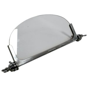 A broken car side mirror with missing glass and a silver Single Aeroscreen, 'Brooklands' Type frame, isolated on a white background.