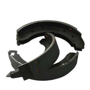 A set of four used Racetorations Mintex M20 Lined Uprated 9" brake shoes arranged in a semi-circular pattern, isolated on a white background.
