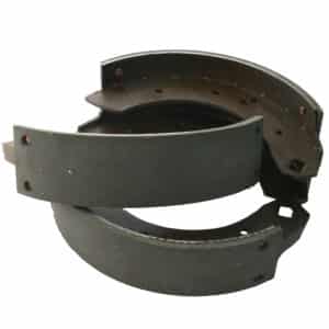 Set of four new Racetorations Mintex M20 Lined Uprated 10" Brake Shoe Set - TR3 automotive brake shoes isolated on a white background.