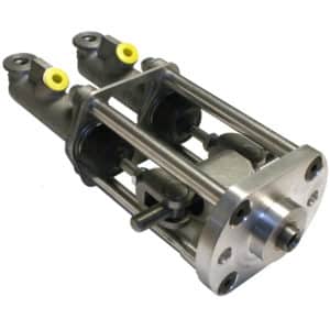 The Racetorations Dual Brake Bias Master Cylinder Assembly for TR5-6 features twin cylindrical reservoirs with yellow plastic caps, rods, bolts, and a flanged mounting plate at the end.
