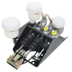 A brake master cylinder assembly with dual reservoirs labeled "front" and "rear," connected to a metal bracket with electrical wiring visible.