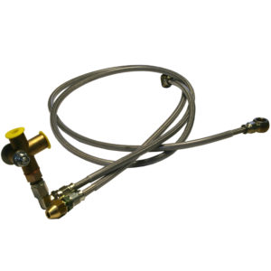 A flexible metal hose with a braided outer layer featuring a brass valve and multiple connection fittings at each end. the valve has a yellow knob for operation.