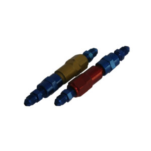 Three Racetorations Brake Residual Pressure Valve Kits in blue, red, and gold, aligned diagonally on a white background.