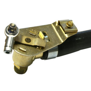 Close-up of a Racetorations Uprated Heater Valve Kit - TR4-6 connected to a black cable, isolated on a white background, suitable for TR4-6 models.