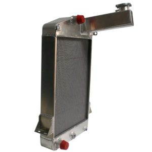 Aluminum car radiator with a silver finish and red and blue caps, isolated on a white background.
