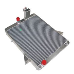 The Racetorations Aluminium Radiator - TR4A features horizontal cooling fins, two red-capped inlet/outlet ports, and angled mounting brackets, displayed against a white background.