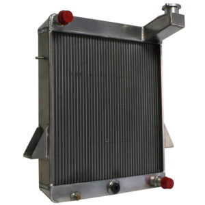 An Racetorations Uprated Aluminium Radiator - TR5-6 designed for TR5-6, featuring two red caps, one at the top and one at the bottom, and a small protruding outlet on the side, set against a white background.