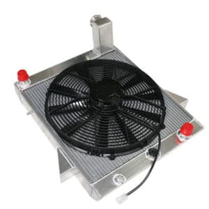 The Racetorations Uprated Aluminium Radiator C/W High Power Slim line Fan for TR5-6 features sturdy metal housing, a mounted black fan, and red protective caps on the inlets and outlets, shown isolated on a white background.
