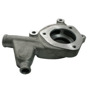 An Racetorations Aluminium Water Pump Housing - TR2-4A & Morgan +4, isolated on a white background, showing a rugged gray exterior and multiple openings for attachment.