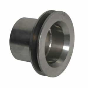 A close-up image of a Racetorations Aluminium Water Pump Pulley, STD Pump - TR2-4A mechanical bearing made from shiny metal, featuring a cylindrical shape with a central hole and a flange at one end.