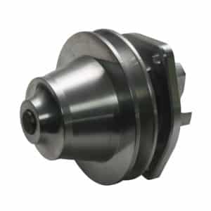 A stainless steel mechanical part with a cylindrical shape featuring a central shaft, flanges, and external screws, isolated on a white background.