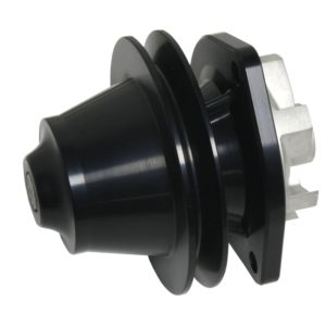 An image showing a Racetorations Billet Aluminium Water Pump & Pulley, Anodised Black - TR5-6 with multiple metal pins, used for industrial applications. The connector is isolated against a white background with an anodised black pulley visible.