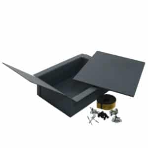 A black metal drawer with its slide-out component displayed next to Racetorations Hidden Fuse & Relay Box - TR2-3A hardware parts including screws and a strap on a white background.