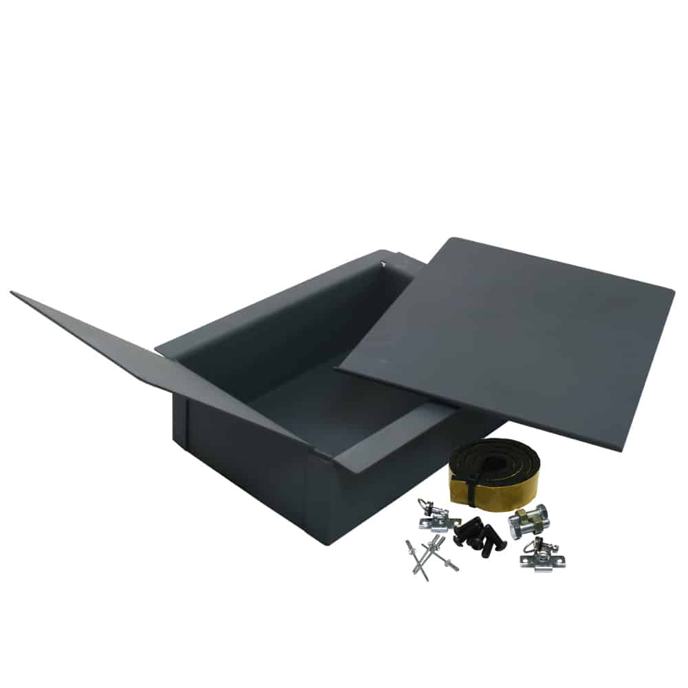 A black metal drawer with its slide-out component displayed next to Racetorations Hidden Fuse & Relay Box - TR2-3A hardware parts including screws and a strap on a white background.