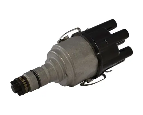 A close-up of the 123 Ignition Adjustable Ignition Curve Distributor for Triumph TR5, TR250, TR6, GT6, Vitesse, 2000, 2500 & 2.5Pi shows a distributor cap with black terminals, metal clips, and a rubber gasket.