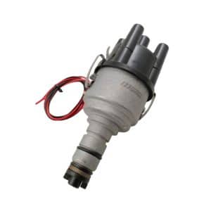 The 123ignition Adjustable Ignition Curve Distributor—designed for Triumph TR2 to TR4A and Morgan +4—features a grey body with a black cap, four terminals, and attached red and black wires; it is isolated on a white background and offers an adjustable ignition curve for optimal classic car performance.