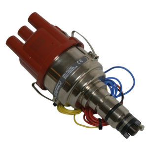 An image of a high-performance automotive ignition coil featuring orange and silver components with exposed multi-colored wiring, compatible with a 123 Ignition Adjustable Ignition Curve Distributor - TR2-4A.