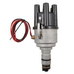 The 123ignition Adjustable Ignition Curve Distributor fits Triumph TR5, TR250, TR6, GT6, Vitesse, 2000, 2500 & 2.5Pi models—distributes coil voltage and offers an adjustable ignition curve with attached red and black wires.