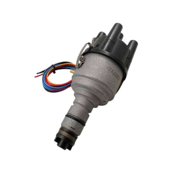 123ignition Fully Mappable Distributor for TR2 to TR4A & Morgan +4, featuring a grey metal body, black plastic cap, and attached coloured wires for electrical connections—compatible with 123ignition systems.