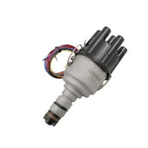 The 123 Ignition Fully Mappable Distributor for Triumph TR5, TR250, TR6, GT6, Vitesse, 2000, 2500 & 2.5Pi showcases a grey body and black cap with terminals and multiple coloured wires attached—perfect for enthusiasts seeking advanced ignition control. Isolated on a white background.