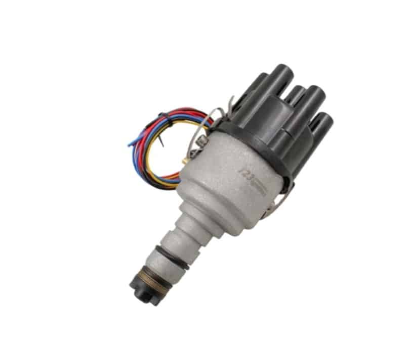 The 123 Ignition Fully Mappable Distributor for Triumph TR5, TR250, TR6, GT6, Vitesse, 2000, 2500 & 2.5Pi showcases a grey body and black cap with terminals and multiple coloured wires attached—perfect for enthusiasts seeking advanced ignition control. Isolated on a white background.