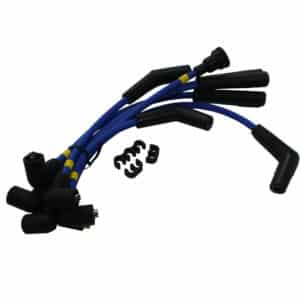 Set of high-performance Magnecor Ignition Lead Set, Fast Road - TR5-6 in blue and black, including various connectors and rubber boots, displayed on a white background.