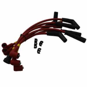 A set of red Magnecor Ignition Lead Set, Competition - TR5-6 cables for a vehicle, featuring black rubber boots and connectors, displayed against a white background.
