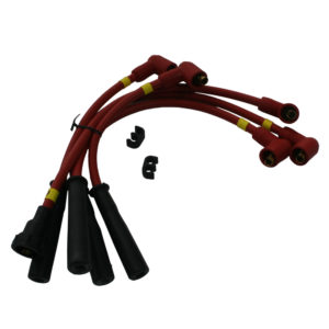 A set of red Magnecor Ignition Lead Set, Competition - TR2-4A & Morgan +4 wires with black connectors, displayed on a white background.