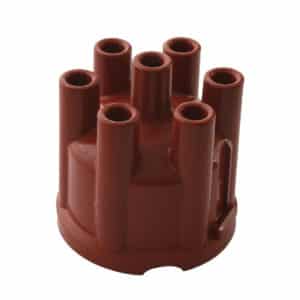 A brown plastic 123 Ignition Replacement Distributor Cap with multiple tube-like sockets, isolated on a white background.