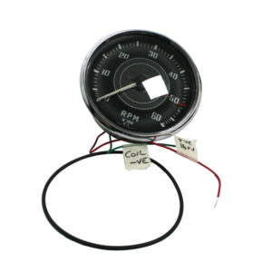 Sentence with product name: A Racetorations Electronic Tachometer Conversion with numbers 10 through 60 in increments of 10 and a needle pointing at 20. It has wires labeled 'coil +ve' and 'ign', and.