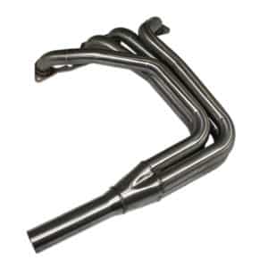 Racetorations Stainless Steel Low-Port Exhaust Manifold for TR2, featuring multiple curved pipes merging into a single pipe, displayed on a white background.