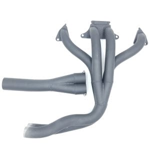 The Racetorations Mild Steel High-Port Exhaust for TR3-4A features black tubular manifolds with three primary pipes merging into a collector, designed for automotive engines, and is shown against a white background.