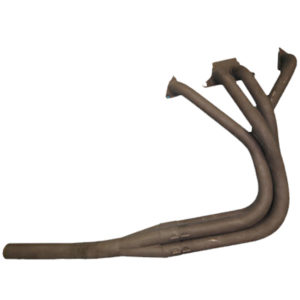 A set of used, rusty Racetorations Mild Steel High-Port Exhaust Manifold, Race - TR3-4A car exhaust pipes laid out isolated on a white background.