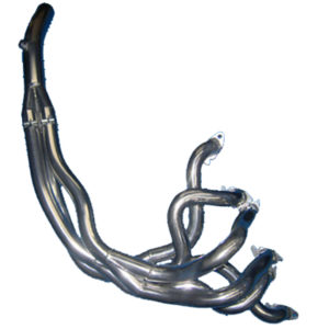 A shiny metal Racetorations Mild Steel Exhaust Manifold with multiple curved pipes and visible welded joints, photographed on a white background.