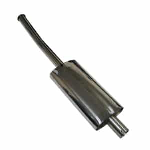 The Racetorations Stainless Steel Exhaust Silencer - TR5 features a shiny, metallic cylindrical body with dual connected pipes, isolated on a white background.