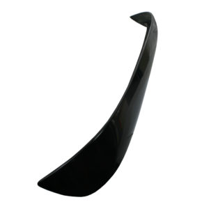 A black, sleek rear spoiler for a car, isolated on a white background, emphasizing its curved aerodynamic design with Racetorations Aeroscreen Deflector - TR2-3A.