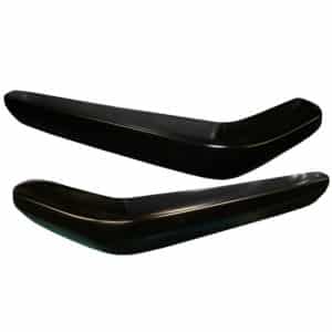 Two black vehicle side skirts isolated on a white background, showing a sleek and shiny surface with subtle reflective qualities.