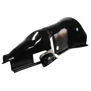 Black motorcycle fender with attached parts, isolated on a white background, featuring Racetorations Split Gearbox Tunnel - TR4A-6 elements.