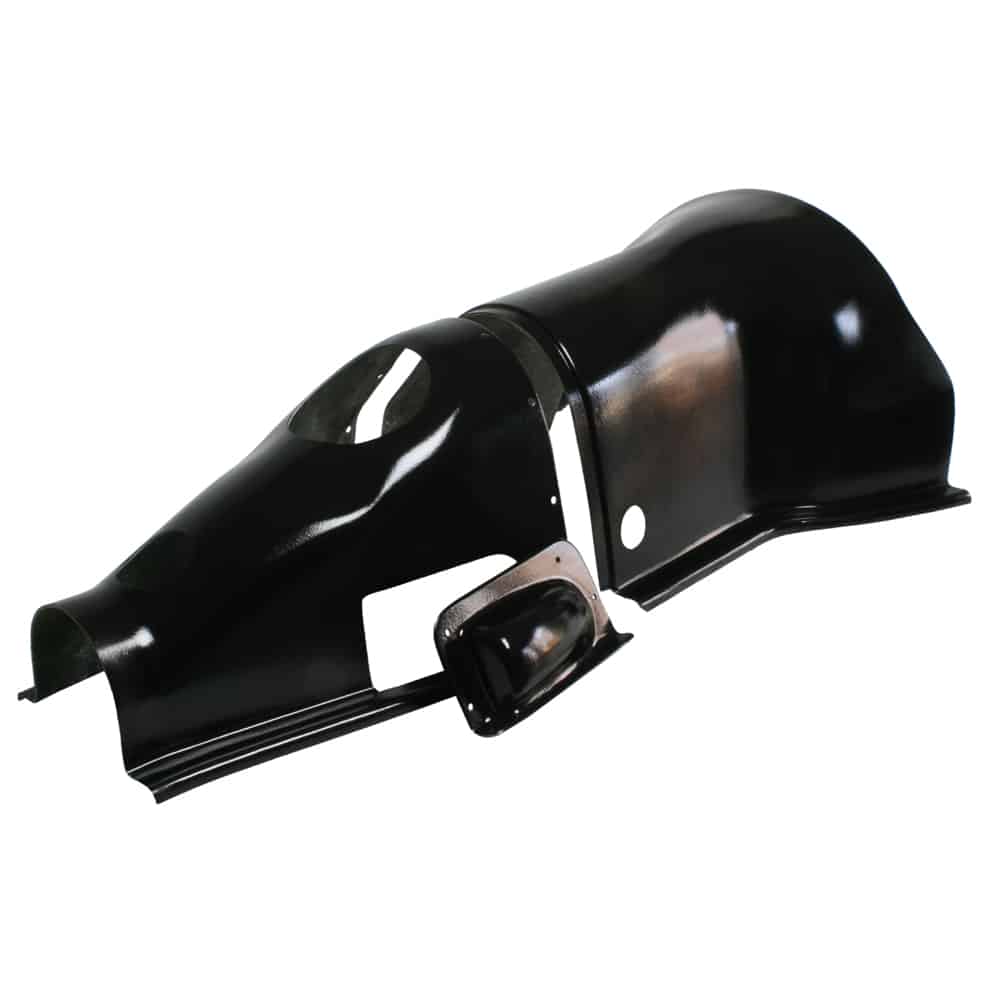 Black motorcycle fender with attached parts, isolated on a white background, featuring Racetorations Split Gearbox Tunnel - TR4A-6 elements.