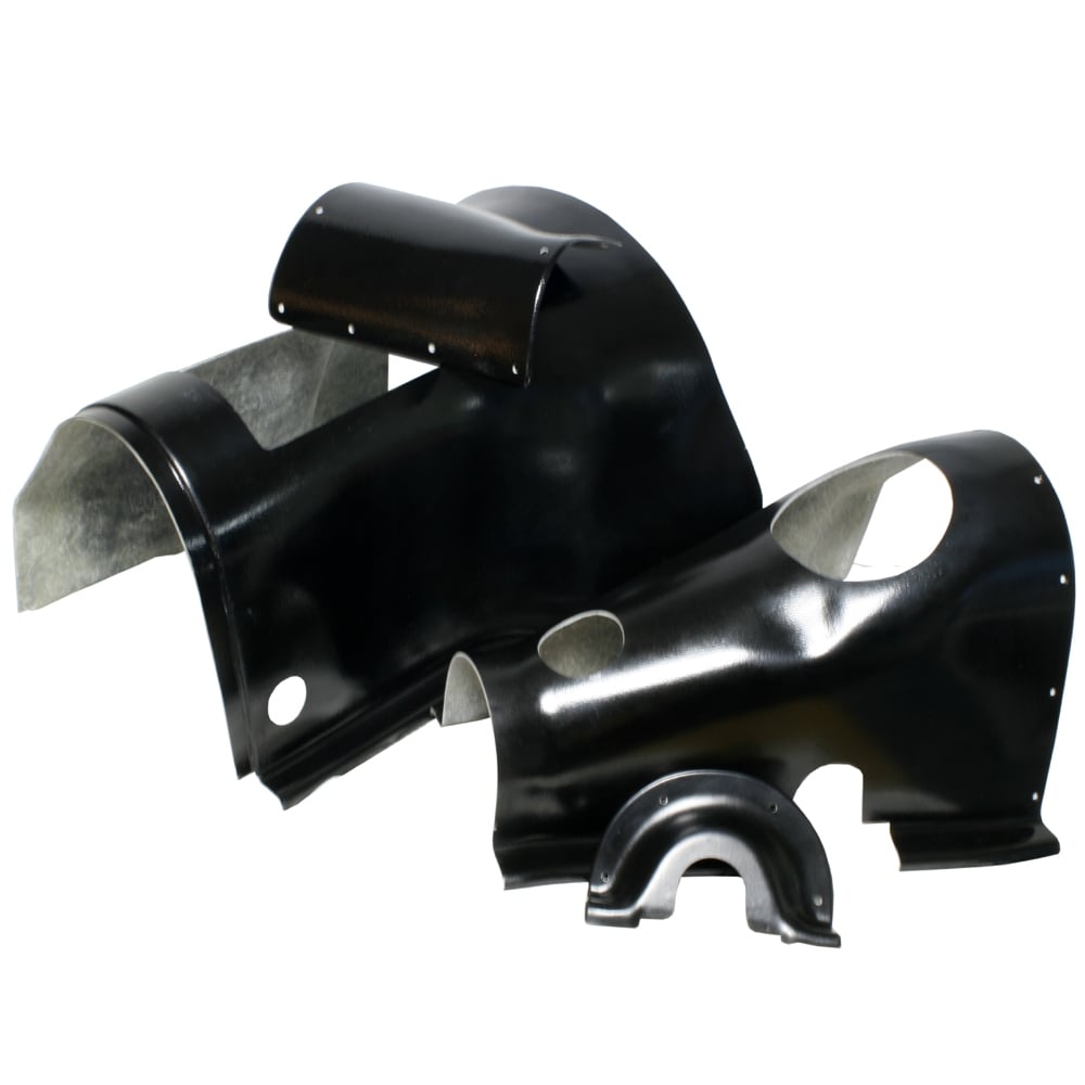 Three black metal fender parts for a vehicle, displayed on a white background, featuring smooth surfaces with holes and cutouts for mounting.