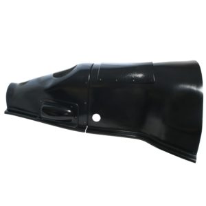 Close-up image of a black car fender isolated on a white background, showcasing its glossy finish and openings for lights and vents, specifically designed for Racetorations Split Gearbox Tunnel Including Extra Inspection Panel - TR4A-6.